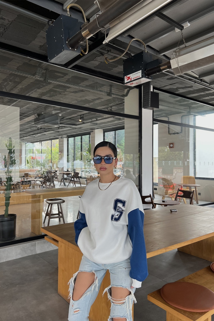 Beyaz Kolu Baskılı Oversize Sweat ATE2517 - EYYO