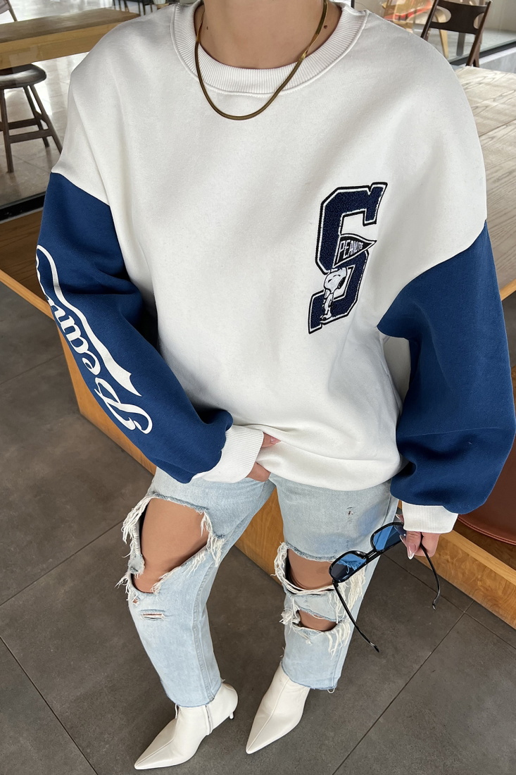 Beyaz Kolu Baskılı Oversize Sweat ATE2517 - EYYO