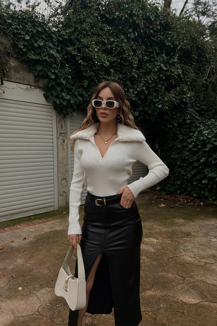 Beyaz Kürk Detay Triko Kazak ATE3119 - EYYO