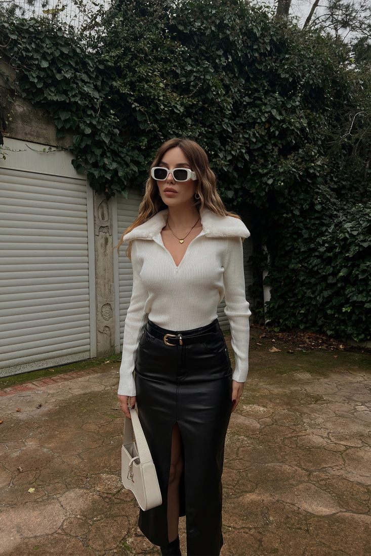 Beyaz Kürk Detay Triko Kazak ATE3119 - EYYO