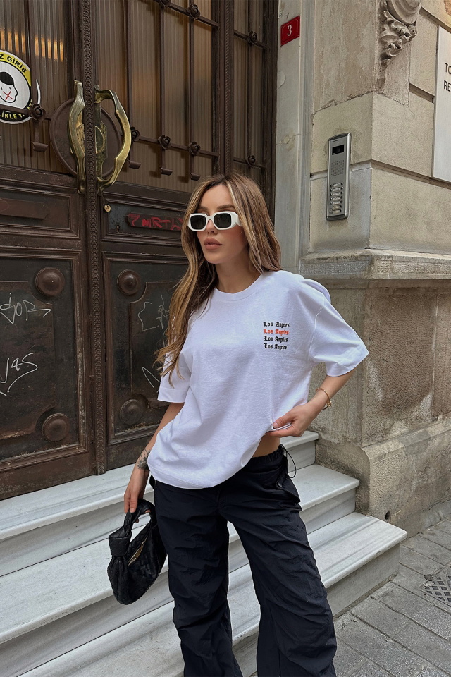 Beyaz Los Angeles Yazılı Tişört ATE6542 - 1