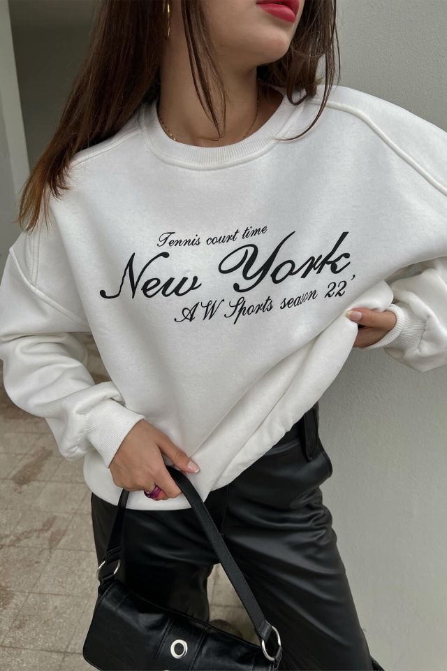 Beyaz New York Baskılı Sweat ATE2589 - 2