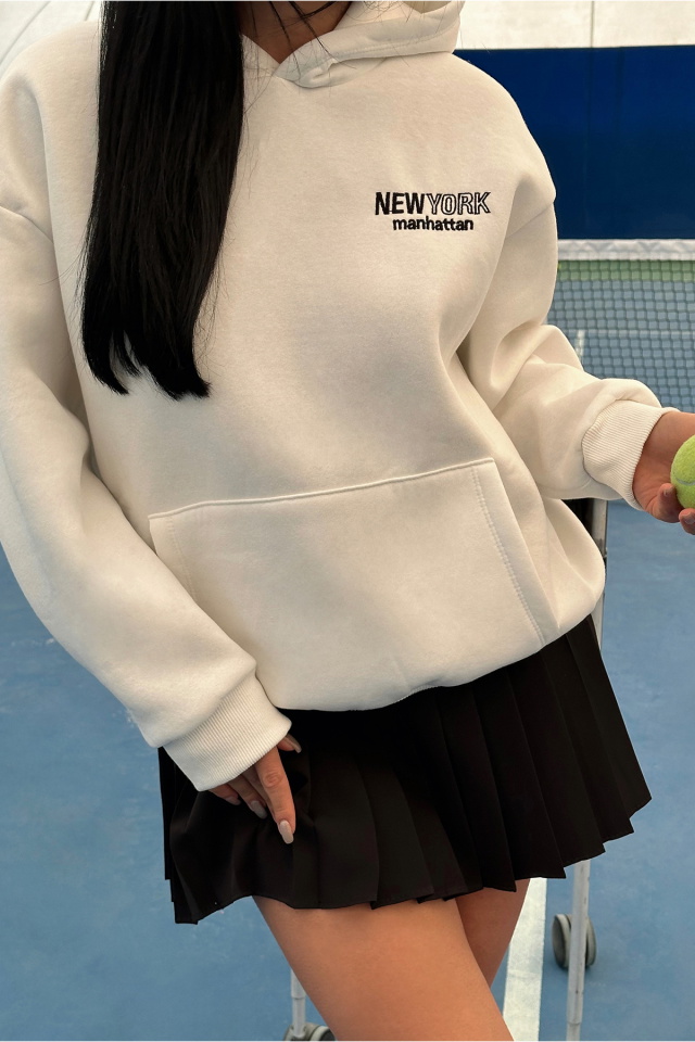 Beyaz New York Yazılı Kapşonlu Sweat ATE-0447 - 2