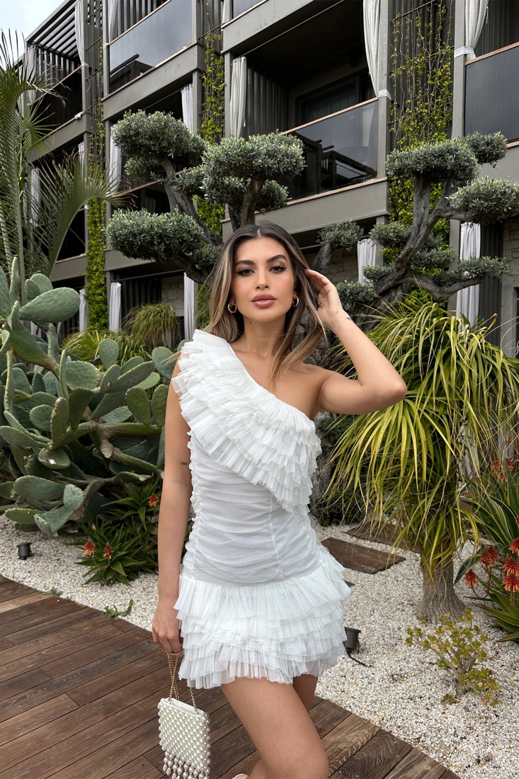 Beyaz Omuz Detay Mini Elbise ATE6143 - EYYO