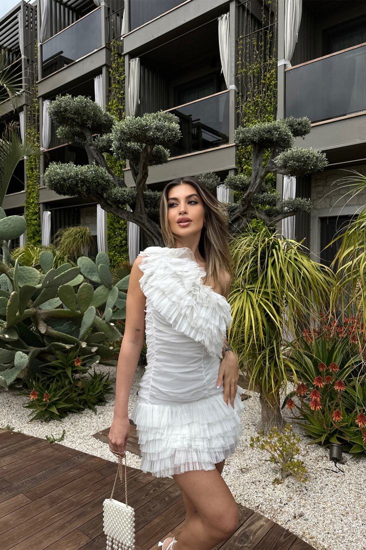 Beyaz Omuz Detay Mini Elbise ATE6143 - EYYO