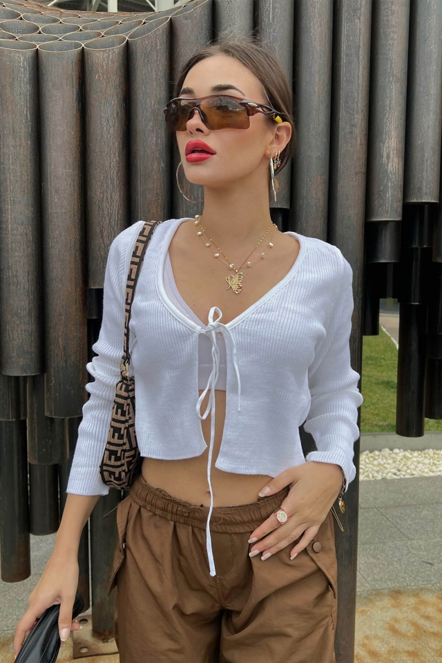 Beyaz Önden Bağlamalı Crop Hırka ATE2862 -