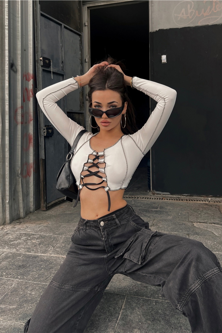 Beyaz Önden Bağlamalı Crop Top ATE3531 - gecce