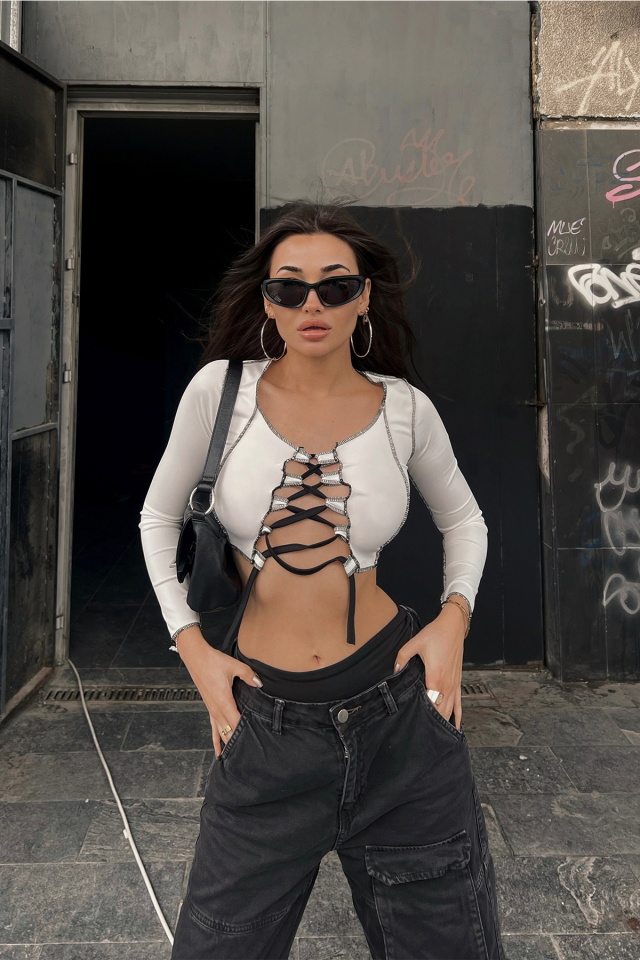Beyaz Önden Bağlamalı Crop Top ATE3531 - 2