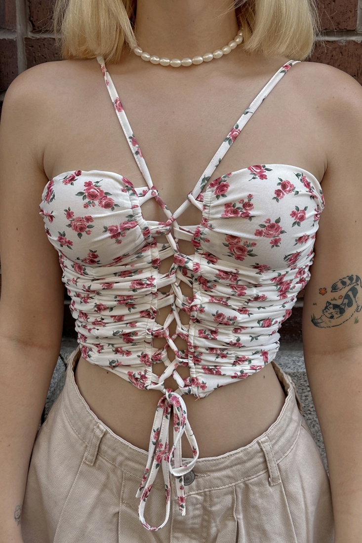 Beyaz Önden Bağlamalı Crop Top ATE7889 - EYYO