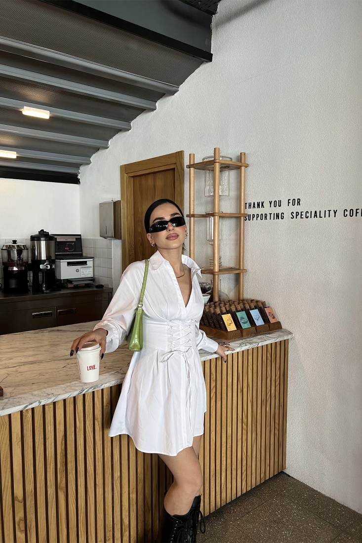 Beyaz Önden Bağlamalı Mini Elbise ATE4009 - EYYO