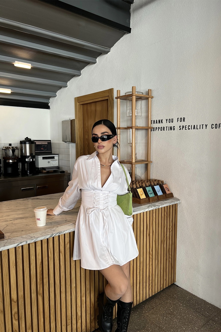 Beyaz Önden Bağlamalı Mini Elbise ATE4009 - EYYO