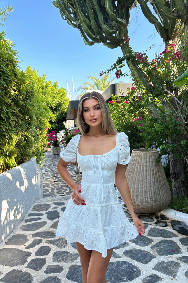 Beyaz Örme Bağlamalı Mini Elbise ATE7702 - EYYO