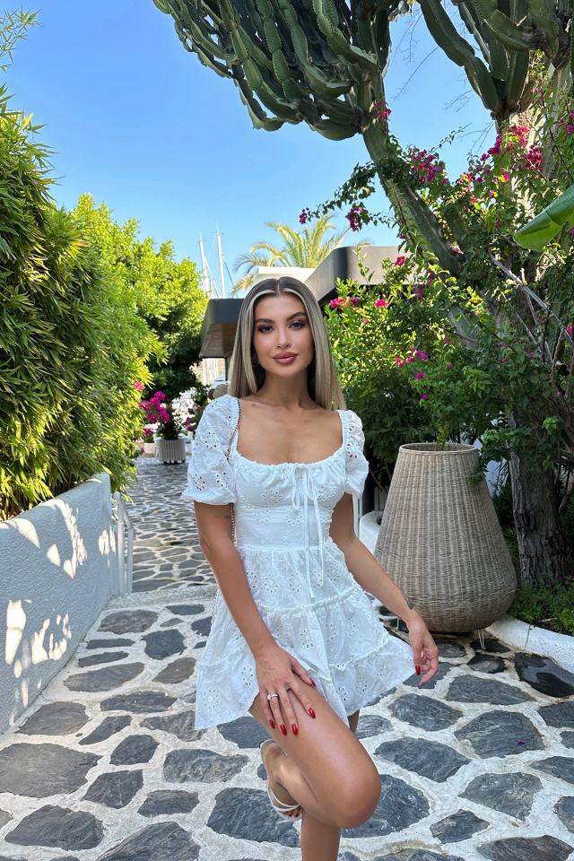 Beyaz Örme Bağlamalı Mini Elbise ATE7702 - 4