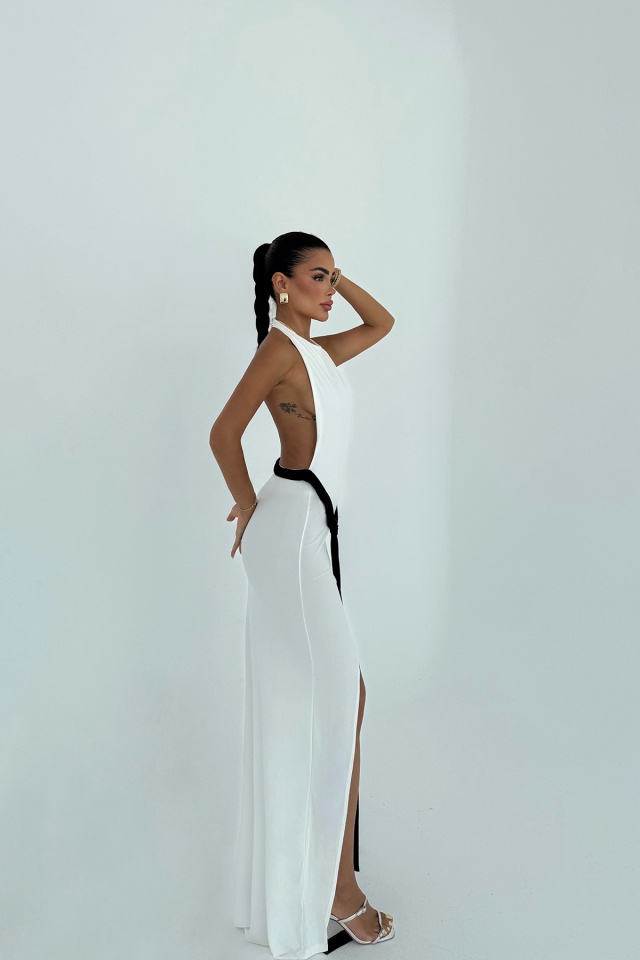 Beyaz Giselle Fiyonk Detaylı Yırtmaçlı Elbise ATE-3021 - 2