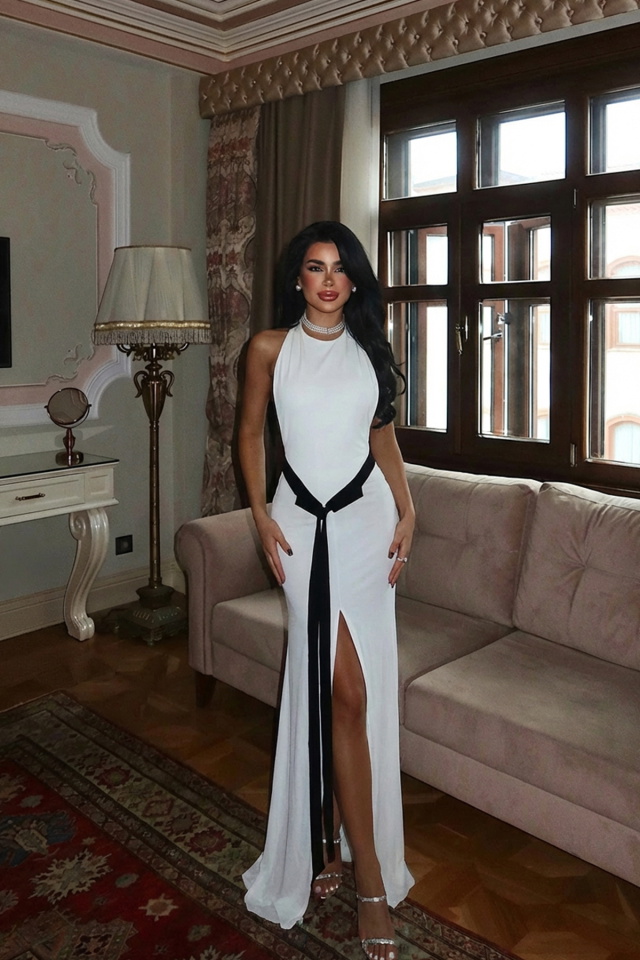 Beyaz Giselle Fiyonk Detaylı Yırtmaçlı Elbise ATE-3021 