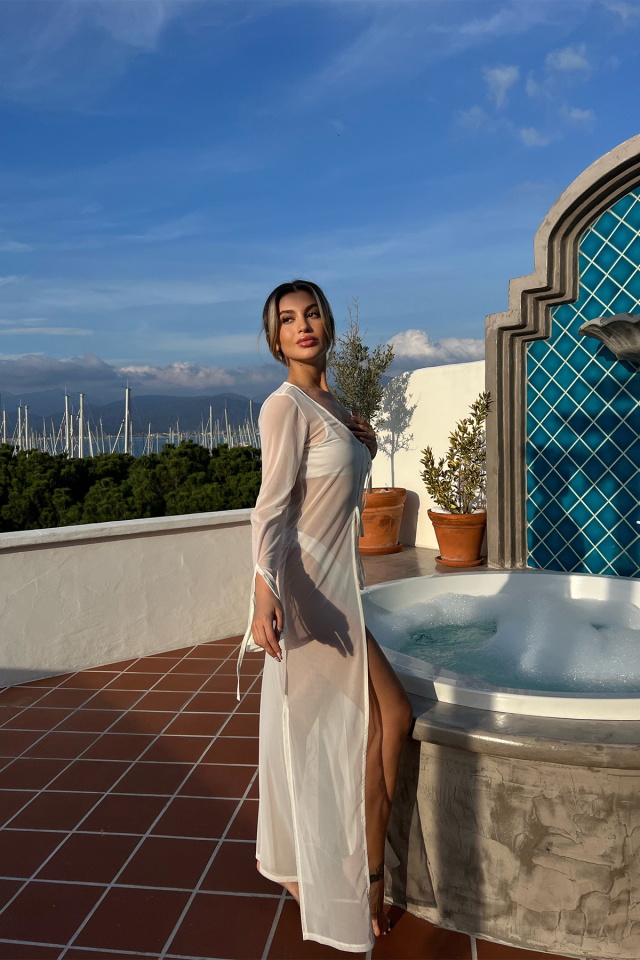 Beyaz Önden Bağlamalı Uzun Kimono ATE4601 - 3