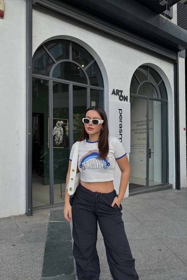Beyaz Önü Baskılı Crop Top ATE3975 - 1