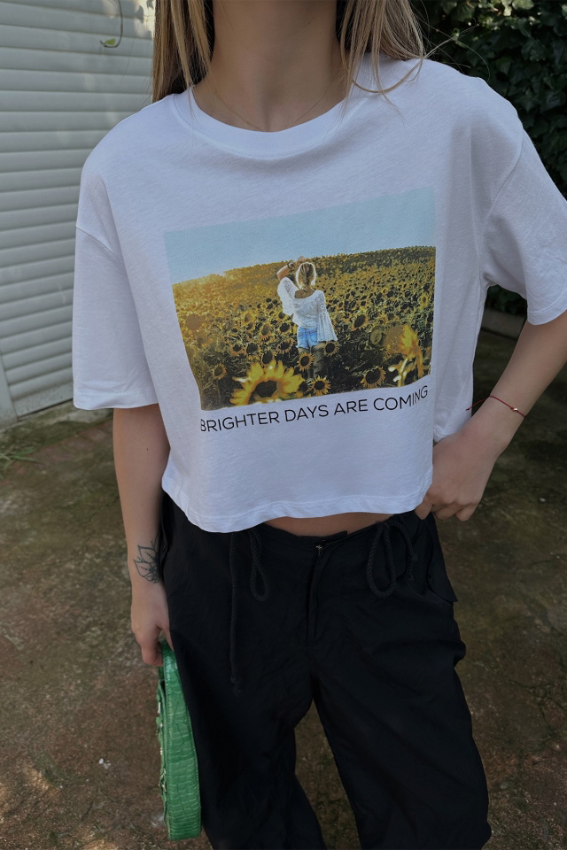 Beyaz Önü Baskılı Crop Top ATE4311