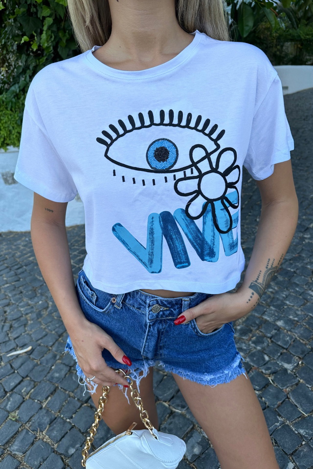 Beyaz Önü Baskılı Crop Top ATE7747 - 2