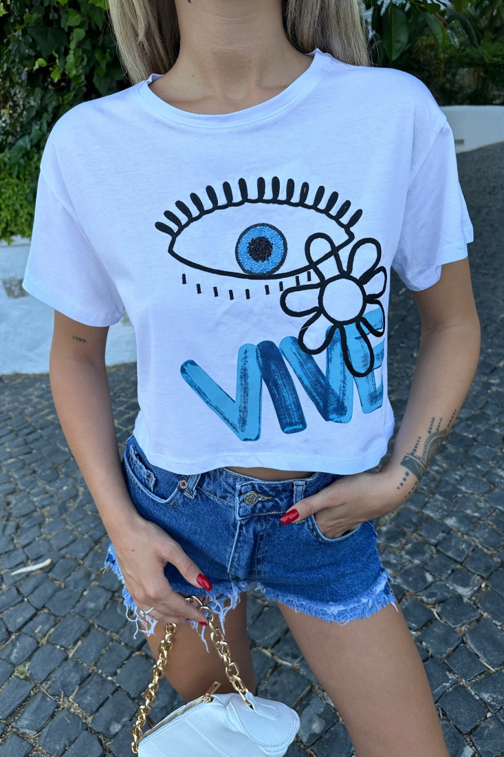 Beyaz Önü Baskılı Crop Top ATE7747 - EYYO