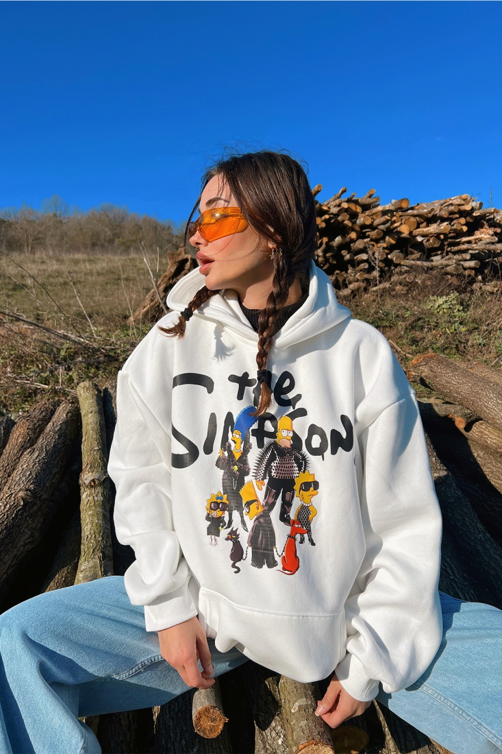 Beyaz Önü Baskılı Hoodie Sweat ATE3148 - EYYO