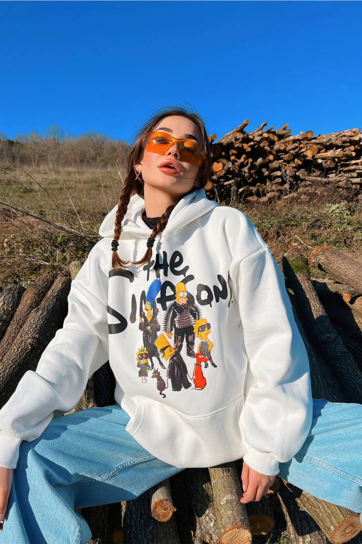 Beyaz Önü Baskılı Hoodie Sweat ATE3148 - EYYO