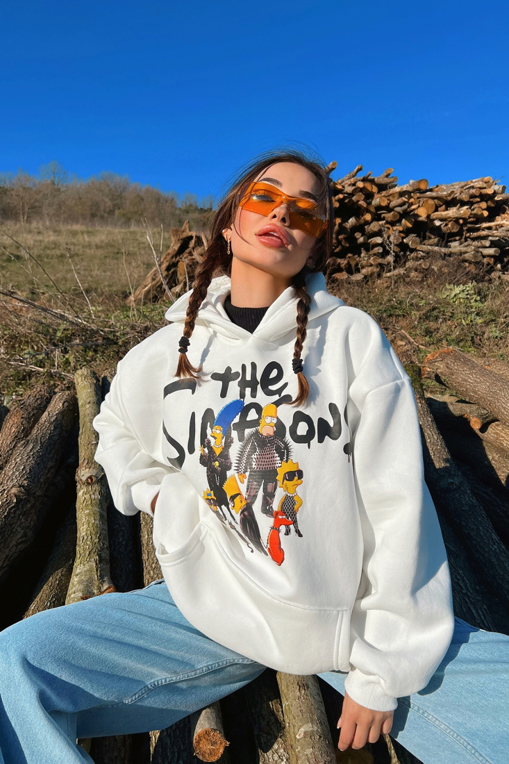 Beyaz Önü Baskılı Hoodie Sweat ATE3148 - EYYO