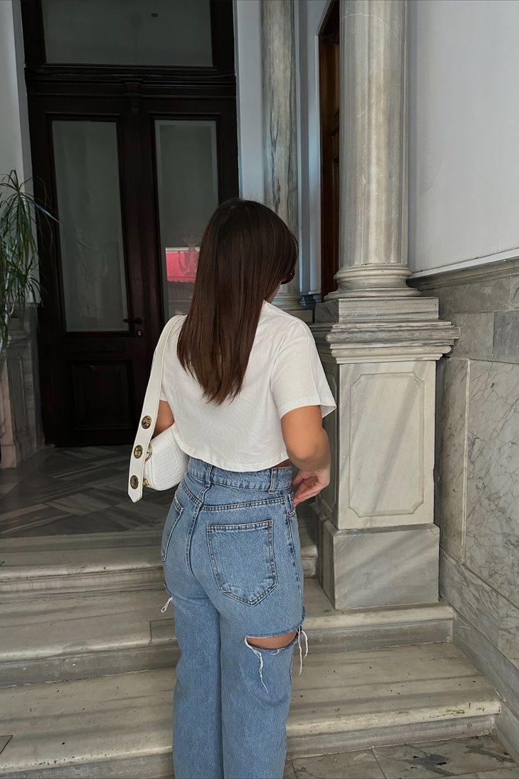 Beyaz Önü Baskılı Zincir Detay Crop Top ATE3972 - EYYO
