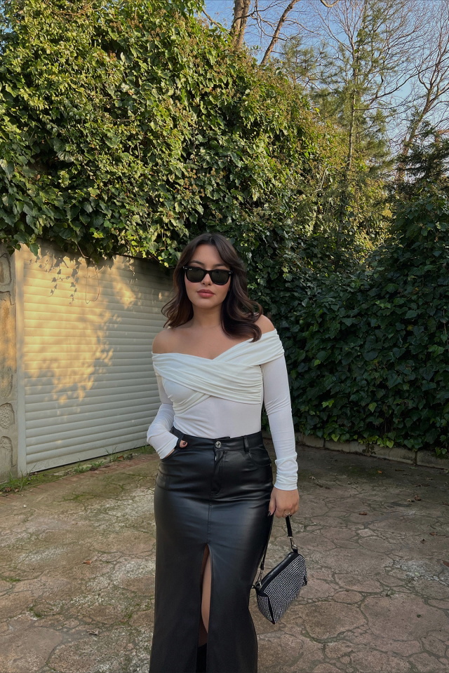 Beyaz Önü Büzgülü Bodysuit ATE3209 - 2