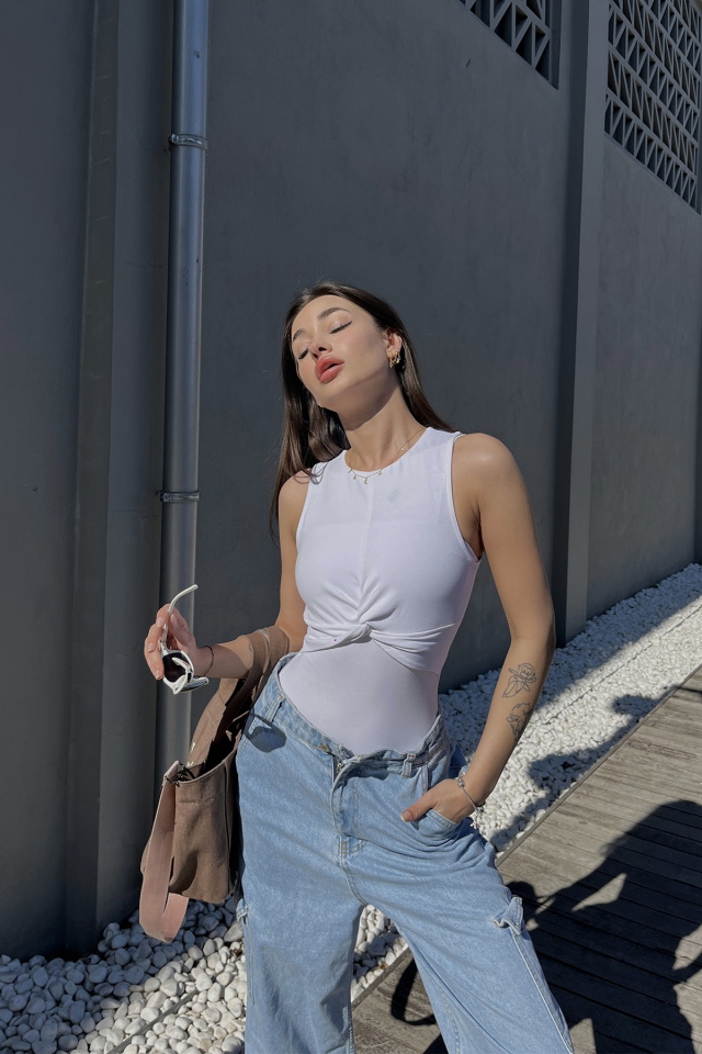 Beyaz Önü Büzgülü Bodysuit ATE5119 - 2