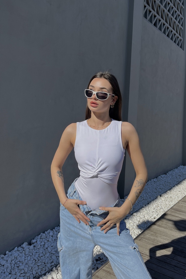 Beyaz Önü Büzgülü Bodysuit ATE5119 - 1