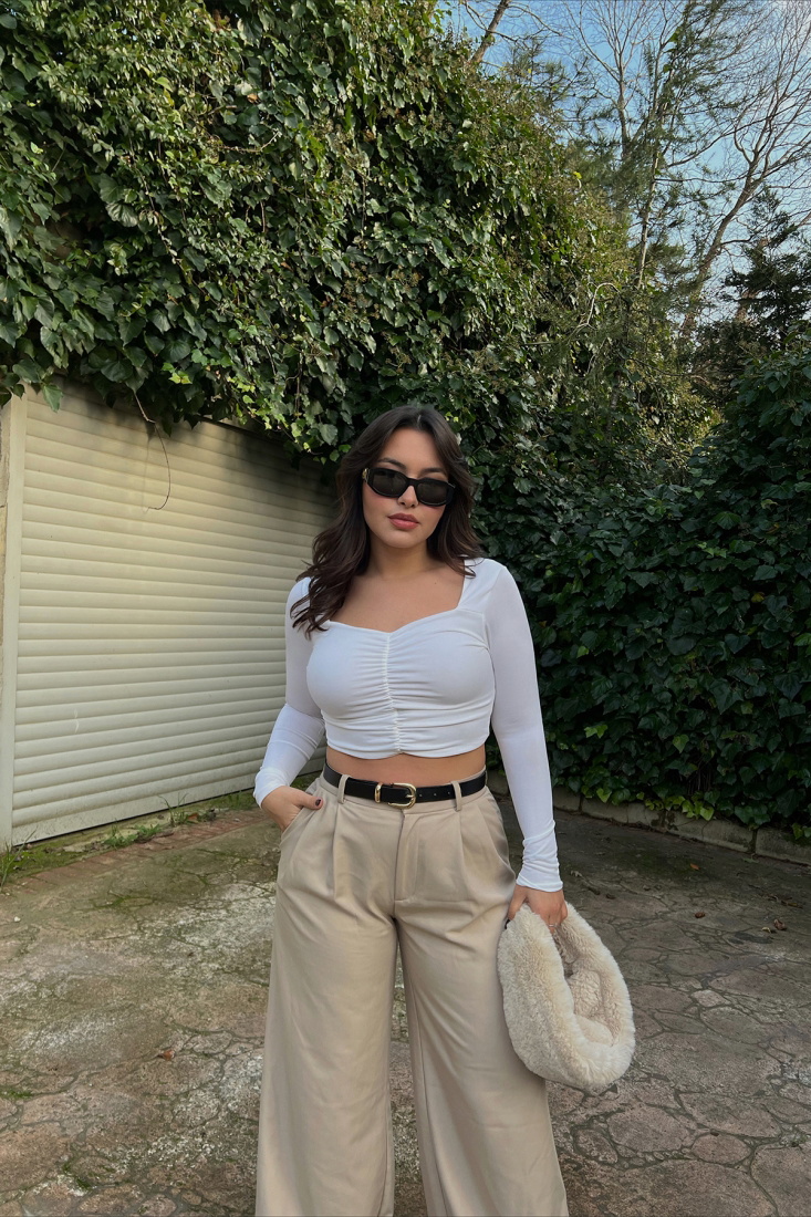 Beyaz Önü Büzgülü Crop Top ATE3242 - TİLLE