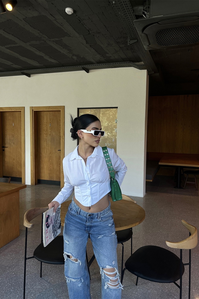 Beyaz Önü Düğmeli Crop Gömlek ATE3827 - 4