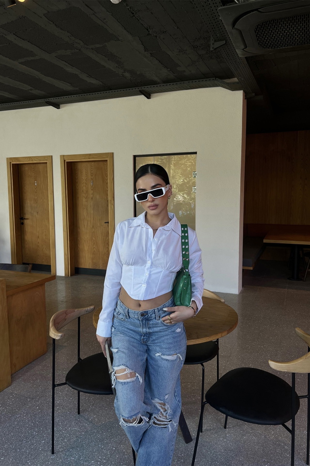 Beyaz Önü Düğmeli Crop Gömlek ATE3827 - 6
