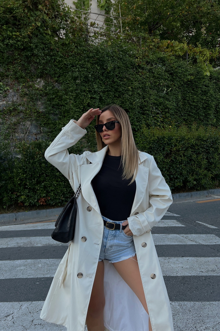 Beyaz Önü Düğmeli Trenckot ATE1983 - EYYO TOPTAN