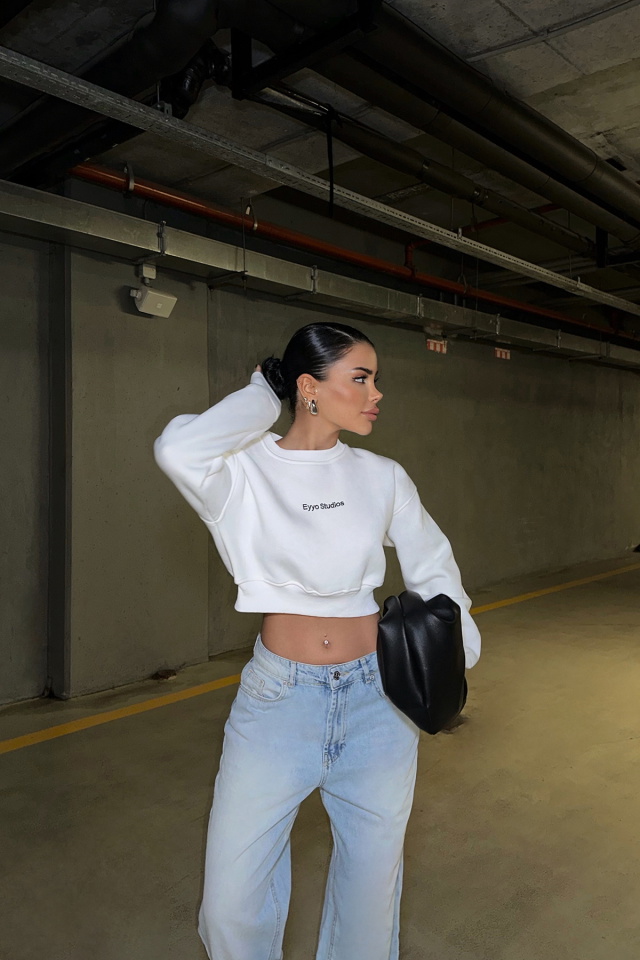 Beyaz Önü Eyyo Yazılı Uzun Kol Crop Top ATE-0474 - 4