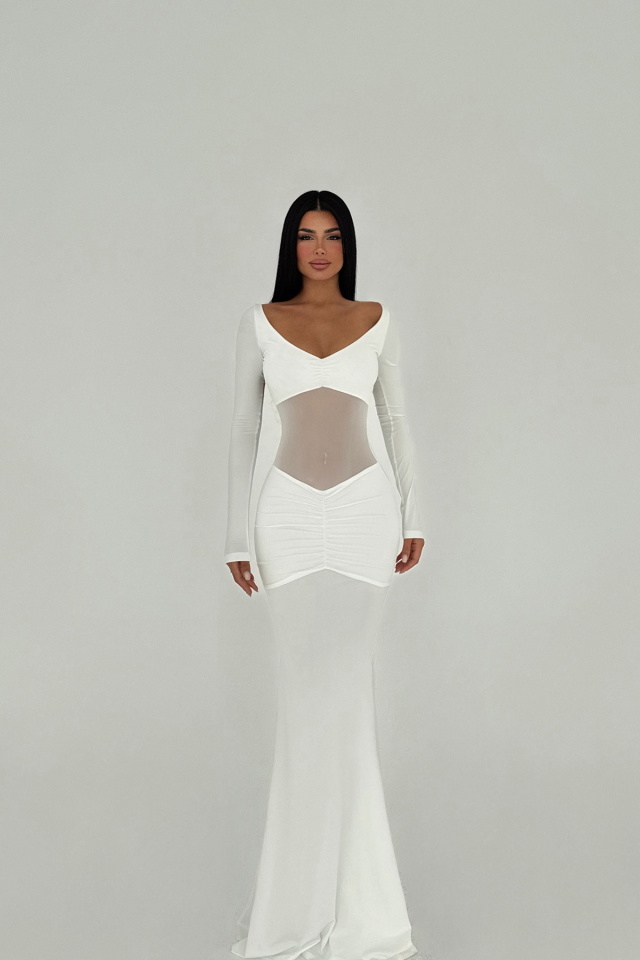 Beyaz Önü Transparan Uzun Elbise ATE-2497 