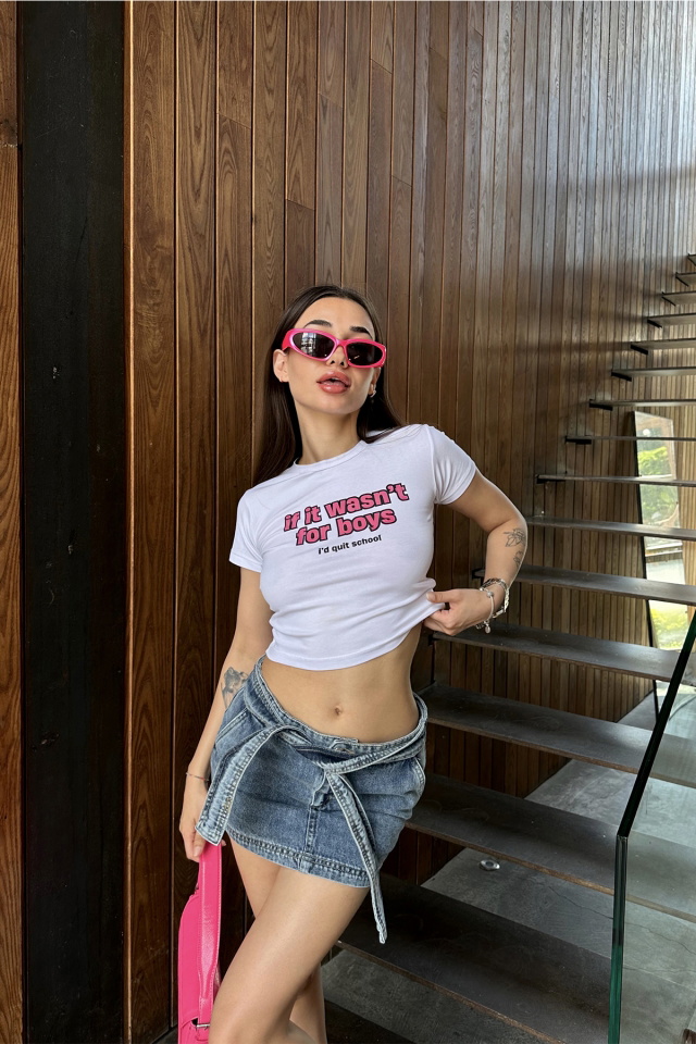 Beyaz Önü Yazılı Crop Top ATE7325 - 4