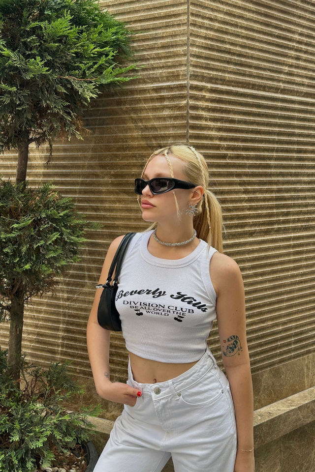 Beyaz Önü Yazılı Crop Top ATE7653 - 3
