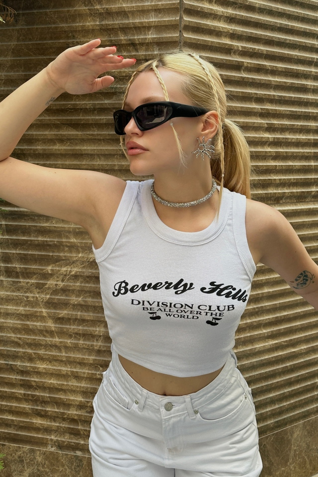 Beyaz Önü Yazılı Crop Top ATE7653 - 1