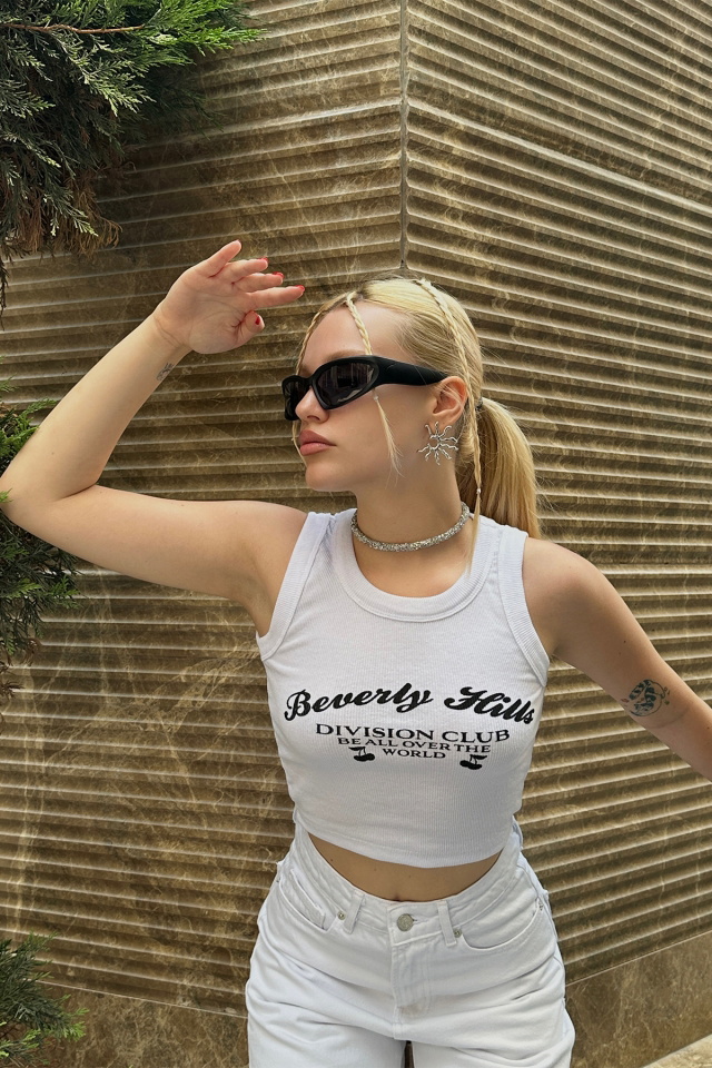 Beyaz Önü Yazılı Crop Top ATE7653 - 5
