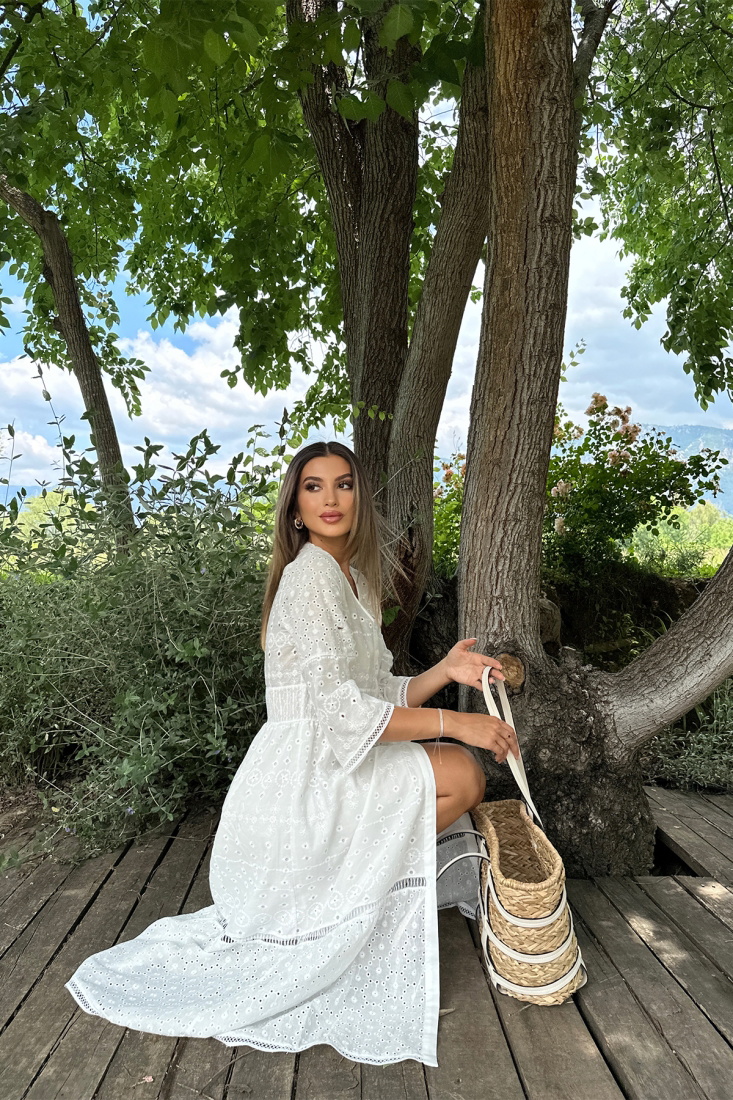 Beyaz Örme Desen Uzun Elbise ATE7211 - EYYO