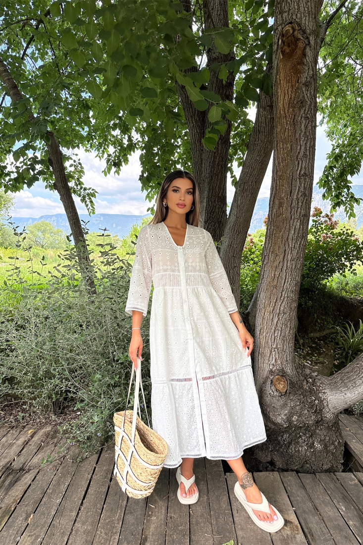 Beyaz Örme Desen Uzun Elbise ATE7211 - EYYO