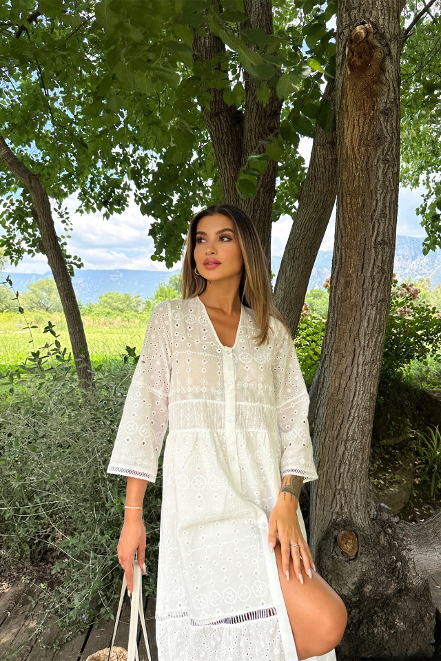 Beyaz Örme Desen Uzun Elbise ATE7211 - 5