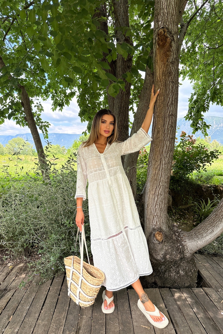 Beyaz Örme Desen Uzun Elbise ATE7211 - EYYO