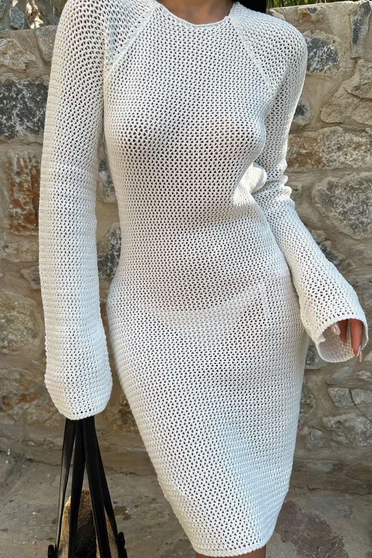 Beyaz Örme Detay Sırt Detay Elbise ATE8072 - EYYO