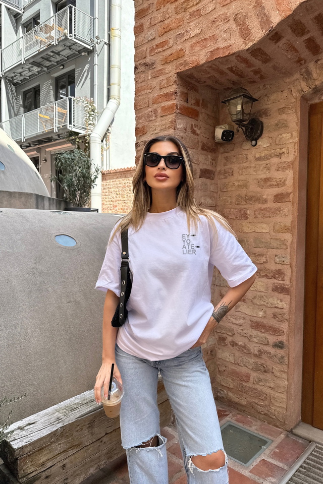 Beyaz Oversize Baskılı Tişört ATE6066 - 4