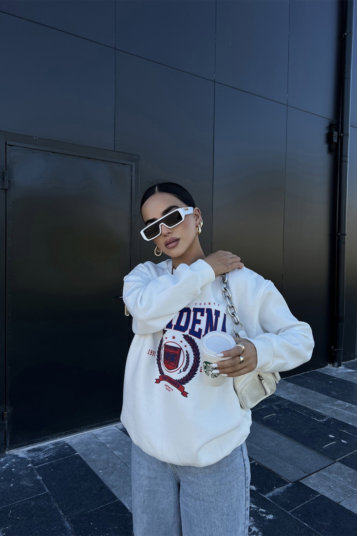Beyaz Pasadena Baskılı Sweat ATE2190 - EYYO