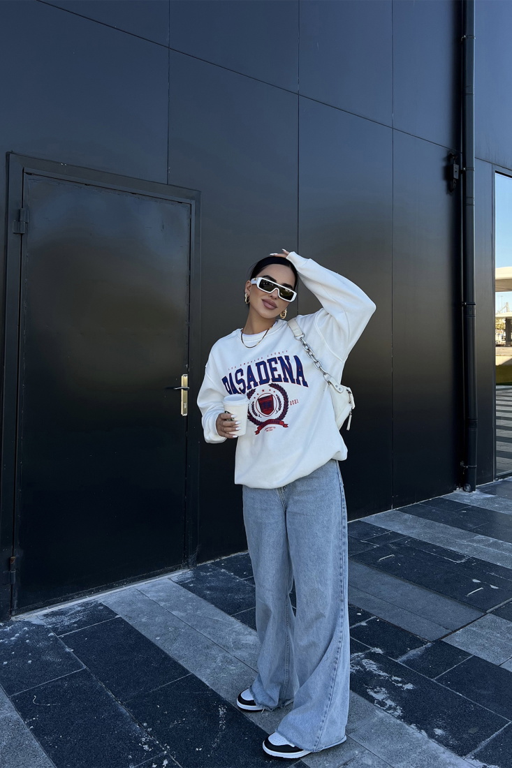 Beyaz Pasadena Baskılı Sweat ATE2190 - EYYO