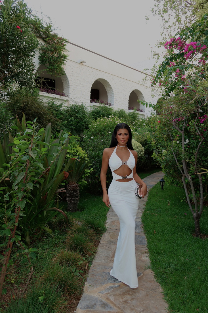 Beyaz Marseille Kelebek Aksesuarlı Elbise ATE-1435 - EYYO